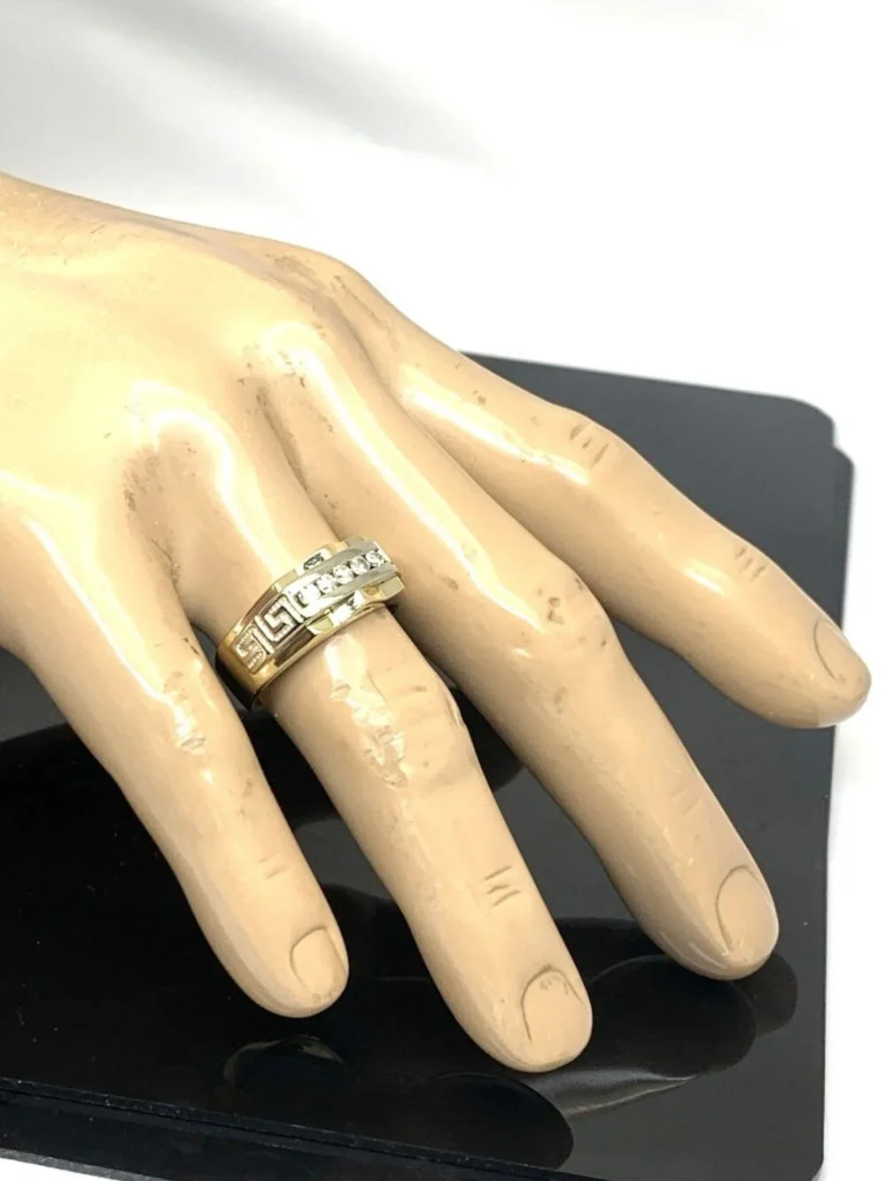 Men's Ring 14k Yellow Gold Diamond 0.25ctw Statement Greek Key Pattern Size 11.5